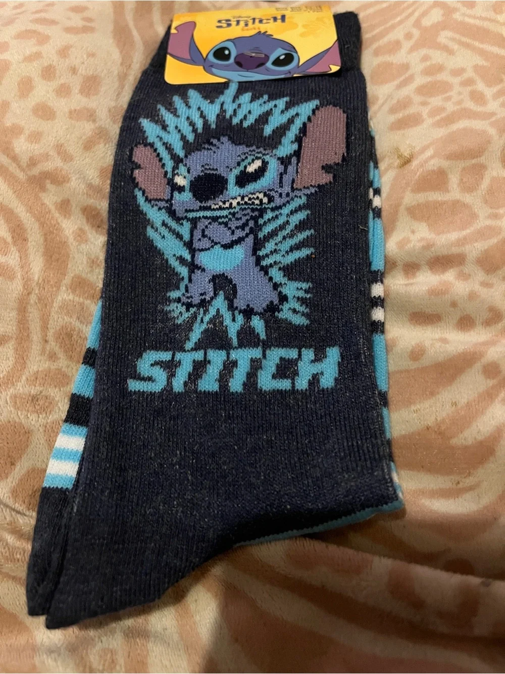 Disney Stitch Crew Socks Black Blue Adult Shoe Size 6.5-12 New With Tags